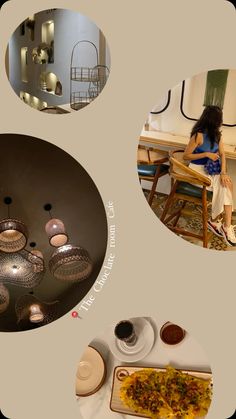 a woman sitting at a table in front of some plates and bowls with food on them