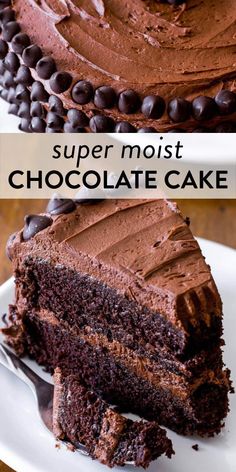 a chocolate cake on a plate with the words super moist chocolate cake