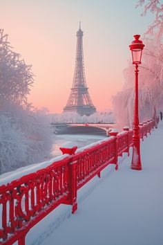 the eiffel tower is in the background as snow covers the ground and trees