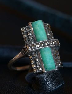 A striking 1920s dress ring from Germany, crafted in 935 silver. Set with polished aventurine and marcasite, very much in the style of Theodor Fahrner. Available now at Antique & Vintage Elegance, online jewellery. Free express shipping Australia-wide. Art Deco 1920s, Marcasite Ring