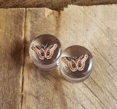 two glass knobs with an image of a butterfly on them sitting on a wooden surface