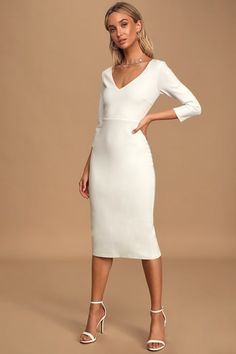 Dresses for Women | Best Women's Dresses Online Chic White Dress, White Midi Dress Bodycon, Midi Dress Chic, Bodycon Midi Skirt, Stretch Knit Dress, Surplice Dress, White Bodycon, White Bodycon Dress, Essential Dress