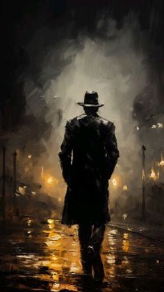 a painting of a man with a hat and coat walking in the rain at night