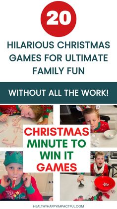 Collage of children playing various Christmas-themed minute-to-win-it games. Kids Xmas Games, Easy Christmas Party Games For Kids, Christmas Gym Games, Kids Holiday Games, Family Christmas Games For All Ages, Hilarious Christmas Games, Christmas Games For Large Groups, Christmas Games For Family Funny, Holiday Games Family