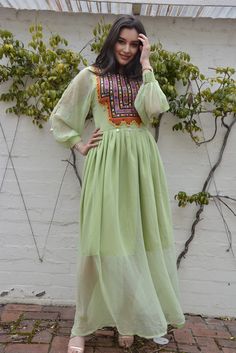 Vintage Afghan dress with a touch of modern style. Green A-line Gown For Spring, Flowy Maxi Cocktail Dress, Flowy Maxi Length Cocktail Dress, Festive Green Maxi Length Dress, Festive Green Maxi Dress, Green A-line Spring Gown, Festive Fitted Dress With Sheer Sleeves, Spring Green A-line Gown, Spring Evening Tunic Maxi Dress