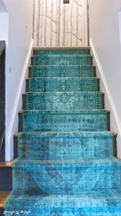 blue carpeted stairs leading up to a door