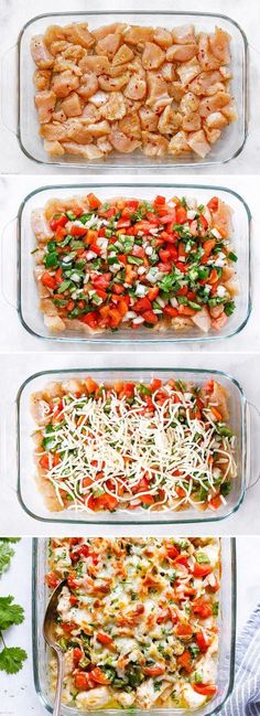 four glass casserole dishes filled with chicken and vegetables