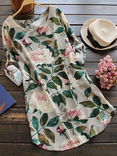 $21.99 Floral Long Sleeve Linen Blouse Dress - FLORAL ONE SIZE Loose Short Dress, Mode Tips, Floral Dress Casual, Vestido Casual, Mode Inspiration