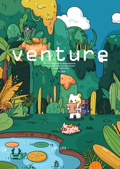 an image of a cartoon scene with plants and animals in the background that says adventure