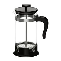 a glass french press coffee maker with a black lid and handle on an isolated white background