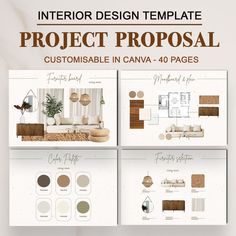 the interior design template for project proposals is shown in three different colors and sizes