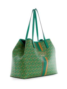 Carry it all in style with this spacious faux-leather tote featuring an updated logo print with striping and text details at center front. Green Tote Bag With Logo, Modern Green Bags With Logo, Luxury Green Bag With Logo Hardware, Shopping Shoulder Bag With Logo Hardware And Coated Canvas, Trendy Bags With Embossed Logo For Everyday Use, Casual Tote Bag With Logo Hardware, Green Shoulder Bag With Logo For Daily Use, Casual Shopping Bags With Logo Hardware, Leather Shoulder Bag With Logo Print