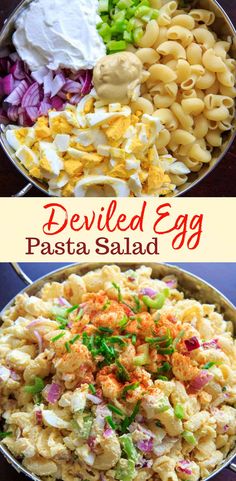 deviled egg pasta salad, picture on top before it's mixed together, picture below is fully prepared macaroni salad Deviled Egg Pasta Salad, Egg Pasta Salad, Macaroni Pasta Salad, Salad Macaroni, Types Of Pasta, Steak Sandwiches, Resep Pasta, Egg Pasta, Salad Pasta