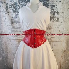 "New UNDERBUST from \"MystiC City Corsets\" design: MCC152X ORIGINAL design/photo: \"MystiC City Corsets\" - fashion layer: Red PVC - lining: 100% cotton twill steel boning  - 6 x 12mm wide \"white\" flat steel flexible bones  - 20 x 6mm wide spiral steel bones ( sizes: 16, 18\" has 10 spiral bones) - steel busk - floating modesty panel: 5\" wide ( boned) - waist tape - high quality 1/4\" grommets waist can stretch a bit and sizes runs big for ex: size 22\" is more close to 23\"" Fitted Cosplay Corset With Boning, Fitted Corset With Boning For Cosplay, Fitted Boning Corset For Cosplay, Fitted Underbust Corset Belt For Cosplay, Red Corset With Fitted Bodice And Corset Back, Underbust Corset Belt For Cosplay With Boned Bodice, Underbust Corset Belt With Boned Bodice For Cosplay, Red Overbust Corset Dress With Boning, Red Fitted Corset With Boning