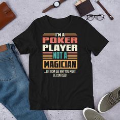 Awesome vintage looking Poker Player t shirt in the retro vintage style and cool look. This specific t shirt is: 6.1-ounce, 100% cotton Double-needle neck, sleeves and hem; Roomy Unisex Fit Ash is 99% cotton, 1% poly; Sport Grey is 90% cotton, 10% poly; Dark Heather is 50% cotton, 50% polyester Decoration type: Digital Print Poker Player Shirt, Poker T shirt, Poker Shirt, Poker Player Gift, Poker Tournament Tee, Poker Lovers Gift, Poker Player Tee, Unisex Tshirt Retro Crew Neck T-shirt With Letter Print, Black Retro T-shirt With Text Print, Retro Tri-blend Crew Neck T-shirt, Vintage Cotton T-shirt With Funny Text, Retro Crew Neck T-shirt With Text Print, Vintage Style Tri-blend Tops With Letter Print, Retro Tri-blend Black T-shirt, Vintage Cotton Shirt With Letter Print, Retro Black Tri-blend T-shirt