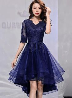 Navy Blue Short Sleeves High Low Homecoming Dress with Lace, Short Sle – BeMyBridesmaid Lace Homecoming Dresses With Sleeves, Homecoming Dresses With Sleeves, Short Sleeves Prom Dress, Gala Dresses Elegant, Summer Weddings Bridesmaids, Short Sleeve Prom Dresses, Color Rush, Navy Blue Shorts, Grad Dresses