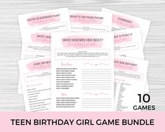 ten birthday girl game bundle with pink watercolors