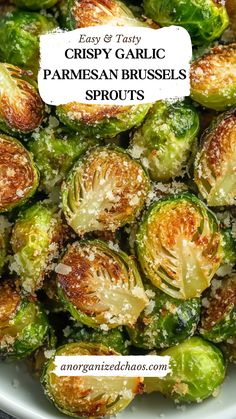 crispy garlic parmesan brussel sprouts in a white bowl