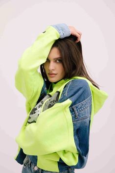 Neon green hoodie made from jeans pants Trendy Green Long Sleeve Sweatshirt, Green Cotton Hoodie For Winter, Urban Style Green Hoodie With Long Sleeves, Trendy Stretch Hoodie With Drawstring Hood, Trendy Hooded Sweatshirt With Pockets, Trendy Green Winter Sweatshirt, Urban Green Winter Hoodie, Green Long Sleeve Hoodie With Adjustable Hood, Trendy Oversized Hoodie For Spring