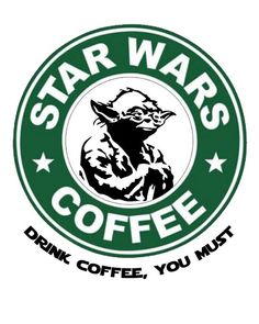 the star wars coffee logo is shown in black and white, with an image of yoda