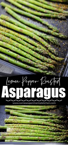 lemon pepper roasted asparagus on a grill with the title overlay reading lemon pepper roasted asparagus