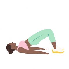 a woman in pink shirt and green pants doing push ups on her stomach with yellow shoe