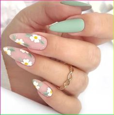 24 Count Press On Nails Matte Green With Cute Floral Design Almond Shaped Includes Jelly Glue And Nail File New Simple Spring Nails, August Nails, Green Nail Art, Cute Simple Nails, Spring Nail Designs