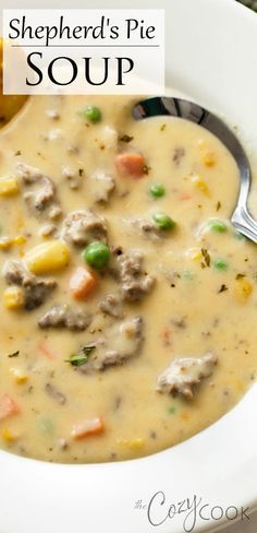 a close up of a bowl of soup on a plate with a spoon in it