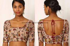 Saree Blouse Designs Front and Back Kalamkari Blouses, Saree 2022, Simple Saree Blouse Designs, Vintage Bikinis, Renda Kebaya, Ikat Blouse Designs, Mendhi Decor