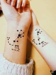 two people with matching tattoos on their arms