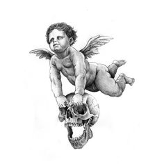 a drawing of an angel on top of a human skull