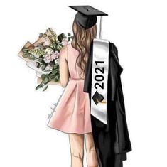 a drawing of a woman in graduation gown holding flowers and a banner with the number 205 on it