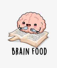 a brain reading a book with the words brain food on it