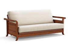 a wooden couch with white fabric on it