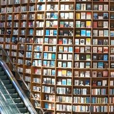 an escalator in front of a wall of books