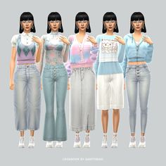 four different types of clothes for females with short hair and bangs, all in pastel colors