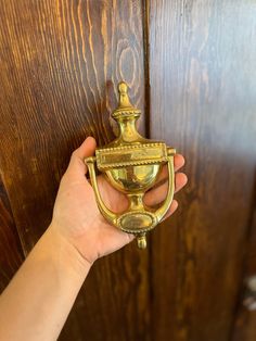 a person holding onto a brass door handle on a wooden door with wood paneling