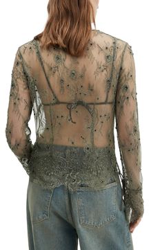 This gauzy mesh tie-front top is crafted with swirling embroidery and lustrous beadwork. 22" length (size 8) Ties at front V-neck Long sleeves 100% polyamide Spot clean Imported Front Tie Top, Grey Stone, Embroidered Top, Bead Work, Swirl, Lace Dress, Mango, Nordstrom, Long Sleeves