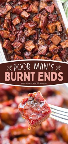 a spoon with some food on it and the words door man's burnt ends