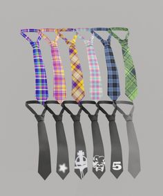 six ties with different colors and designs are lined up in a row on a gray background