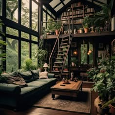 a living room filled with lots of plants and furniture next to a tall glass window