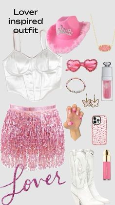 a pink and white outfit is shown with accessories including boots, lipstick, bracelets, sunglasses