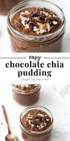 chocolate chia pudding in two glass jars with spoons on the side and title text overlay