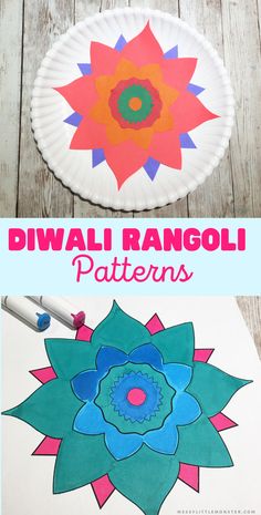 this paper plate is made to look like a flower with the words diwali rangoli