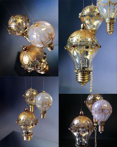 four different types of light bulbs hanging from strings in various shapes and sizes, all gold