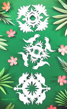 DIY Dinosaur shaped festive paper snowflakes Paper Snowflake Patterns Printable, Snowflake Pattern Templates, Diy Dinosaur Decor, Kirigami Patterns, Printable Snowflake Template, Paper Snowflake Template, Paper Snowflake Patterns, Diy Dinosaur, Homemade Decorations