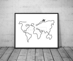 a black and white poster with an airplane flying over the world on it's map