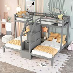 a bunk bed with stairs is shown in this room