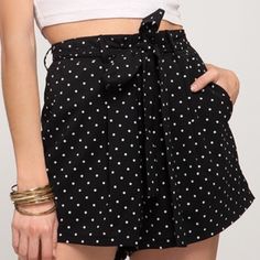 Details: Color: Black Polka Dot Detail Waist Tie Sash Two Front Pockets High-Waisted Fully Lined 100% Polyester Sizing: Small: 0/2-4 Medium: 6-8 Large: 10-12 Sku: Mf141642 Follow/Like Us: @Mnmfashionxoxo High Waist Polka Dot Bottoms For Summer, Fashion Shorts, Polka Dot Shorts, Fashion Black, Black Polka Dot, Waist Tie, Black Fashion, Polka Dot, Polka Dots