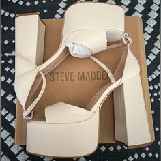 Brand New, Never Worn, Women’s 9.5, Steve Madden Platform Heel In Color Bone Synthetic Sandals With Heel Strap And Almond Toe, Party Sandals With Stacked Heel And Almond Toe, Platform Sandals With Almond Toe Medium Width, Summer Platform Sandals With Almond Toe, Steve Madden White Platform Boots, Steve Madden White Heels, Steve Madden Platform Sandals Steve Madden, Steve Madden Slinky, White Steve Madden Sandals